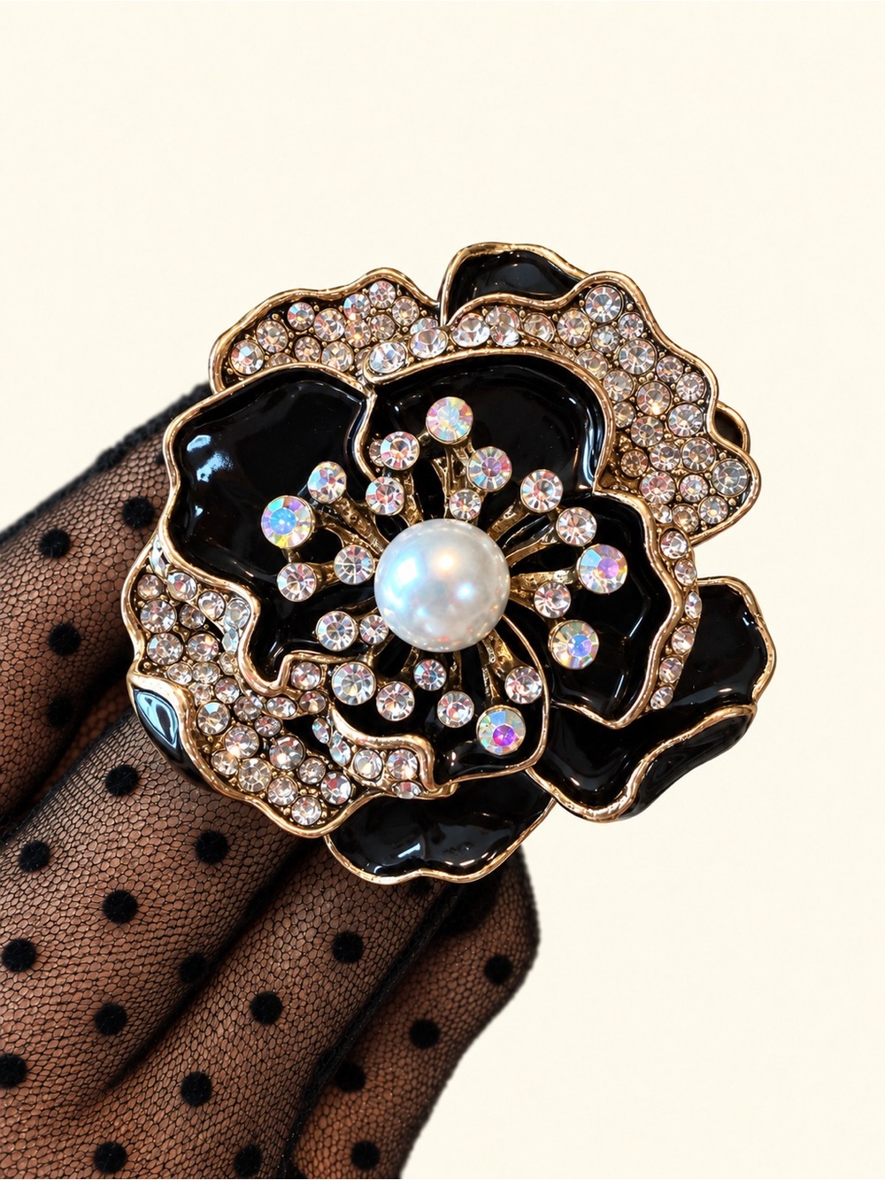 Anthropologie Red Crystal Floral Brooch with Pearl Center